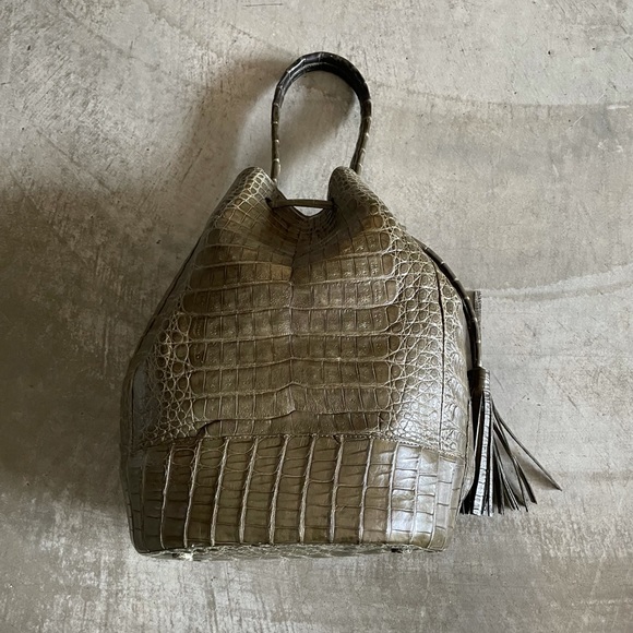 Nancy Gonzalez Caiman Tassel Army Green Bucket Bag - Picture 2 of 14